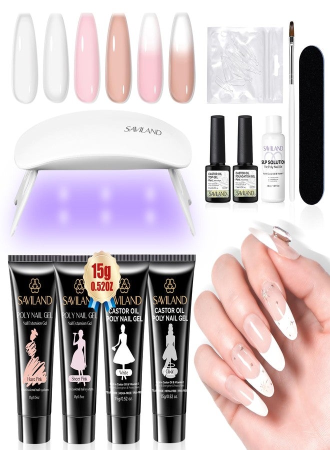 SAVILAND Poly Gel Nail Kit Starter: 4 Colors Natural Clear Poly Nail Gel with U V Lamp Slip Solution Quick Dry Nourish Nails 28 Days Durable DIY Salon Home Use - Image 1