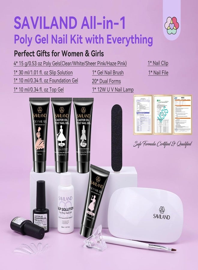 SAVILAND Poly Gel Nail Kit Starter: 4 Colors Natural Clear Poly Nail Gel with U V Lamp Slip Solution Quick Dry Nourish Nails 28 Days Durable DIY Salon Home Use - Image 2