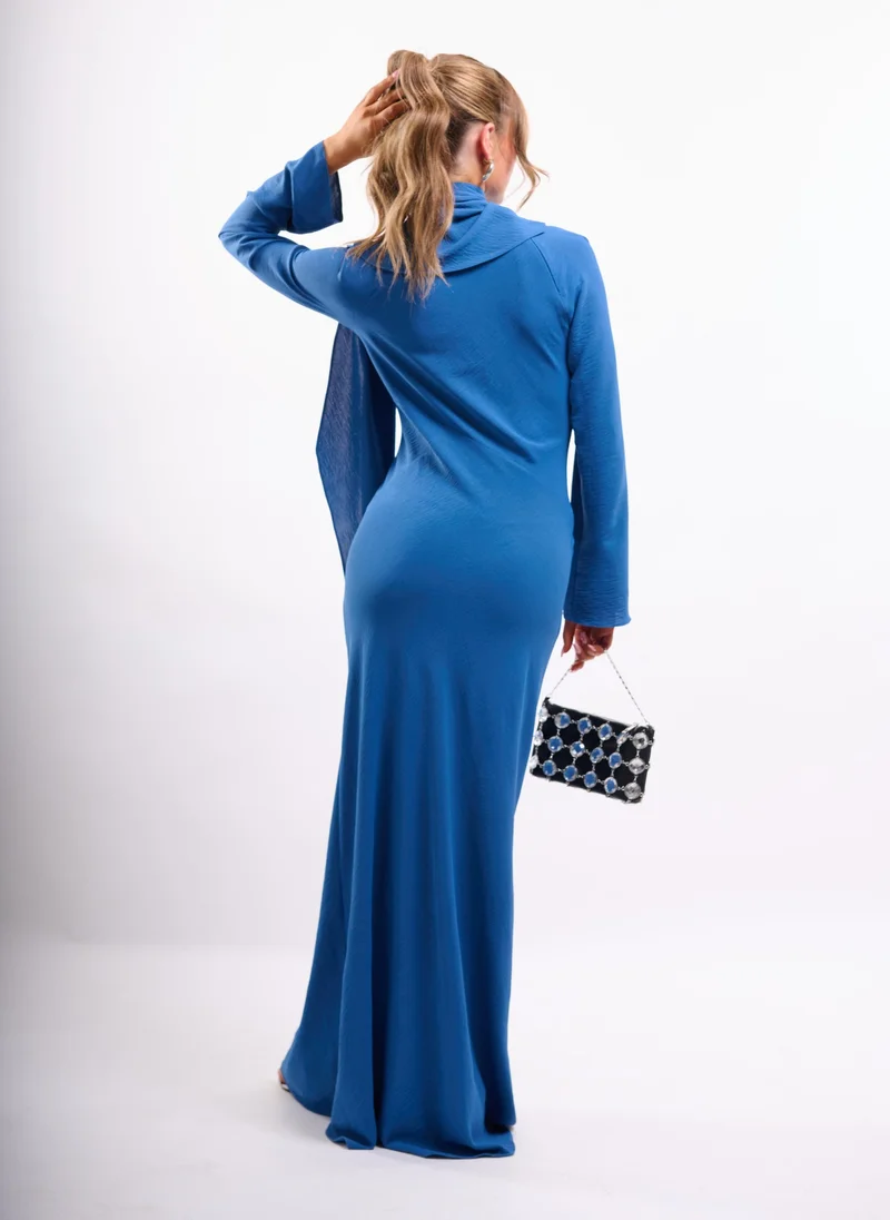Faia royal blue Long Sleeve Maxi Dress with Scarf Detail in Blue for Women | Best Price UAE
