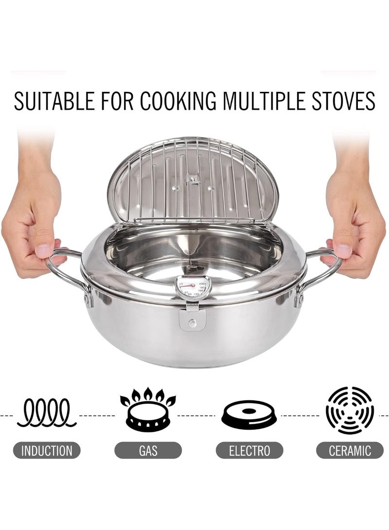 فورتي قدر قلي عميق، سعة 2.2 لتر، قدر قلي ياباني للتمبورا، مصنوع من الفولاذ المقاوم للصدأ 304، مزود بمقياس حرارة وغطاء ورف لتصريف الزيت - مثالي لقلي البطاطس المقلية والدجاج والسمك والروبيان. - Image 4