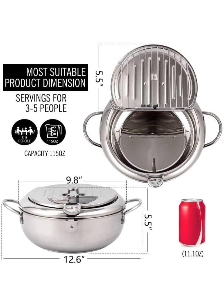 فورتي قدر قلي عميق، سعة 2.2 لتر، قدر قلي ياباني للتمبورا، مصنوع من الفولاذ المقاوم للصدأ 304، مزود بمقياس حرارة وغطاء ورف لتصريف الزيت - مثالي لقلي البطاطس المقلية والدجاج والسمك والروبيان. - Image 5