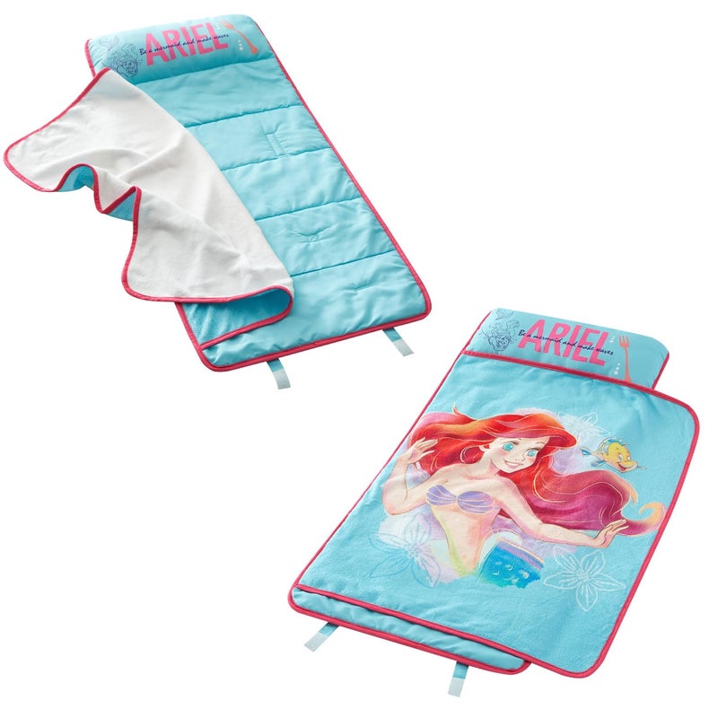 Idea Nuova Disney Little Mermaid Ariel Toddler Quilted Nap Mat with Pillow and Blanket,Super Soft Kids Sleeping Mat, Portable Rollup Design, 20" x 46" - Image 4