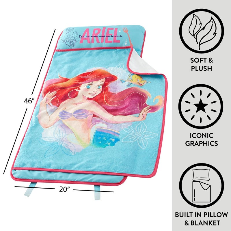 Idea Nuova Disney Little Mermaid Ariel Toddler Quilted Nap Mat with Pillow and Blanket,Super Soft Kids Sleeping Mat, Portable Rollup Design, 20" x 46" - Image 2