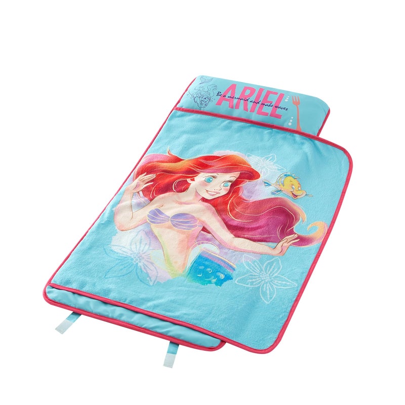 Idea Nuova Disney Little Mermaid Ariel Toddler Quilted Nap Mat with Pillow and Blanket,Super Soft Kids Sleeping Mat, Portable Rollup Design, 20" x 46" - Image 1