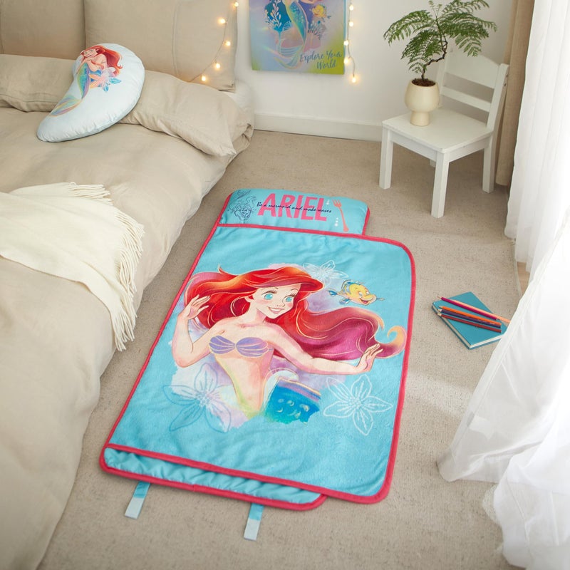 Idea Nuova Disney Little Mermaid Ariel Toddler Quilted Nap Mat with Pillow and Blanket,Super Soft Kids Sleeping Mat, Portable Rollup Design, 20" x 46" - Image 5