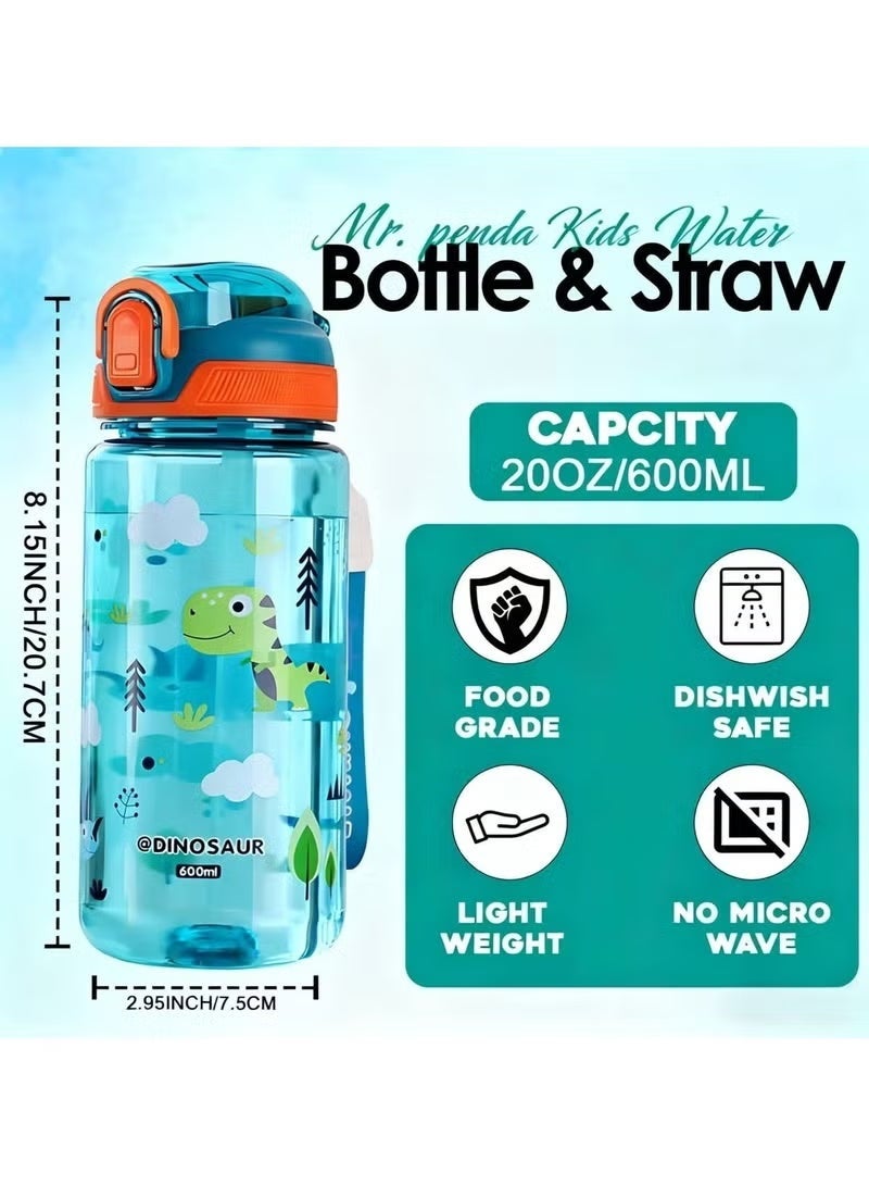 HIHILOOK 1Pcs Kids Water Bottle with Straw, 600ml, Leakproof, Shatterproof, BPA-Free Water Bottle, Portable and Durable Bottle for School, Travel, Boys, Girls, Suitable for Children, Reusable Drinking Bottle (Green Dinosaur) - Image 2