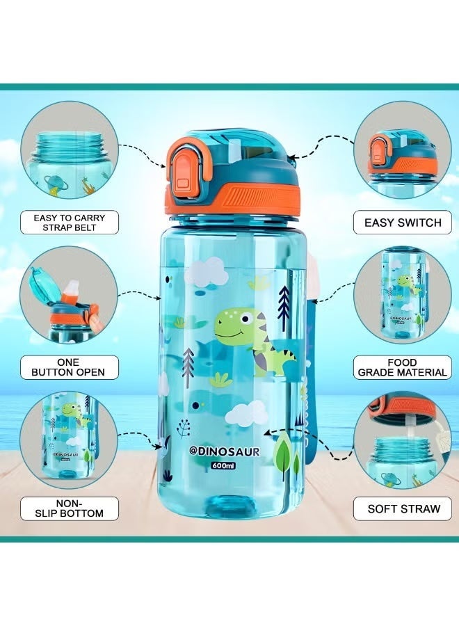 HIHILOOK 1Pcs Kids Water Bottle with Straw, 600ml, Leakproof, Shatterproof, BPA-Free Water Bottle, Portable and Durable Bottle for School, Travel, Boys, Girls, Suitable for Children, Reusable Drinking Bottle (Green Dinosaur) - Image 3