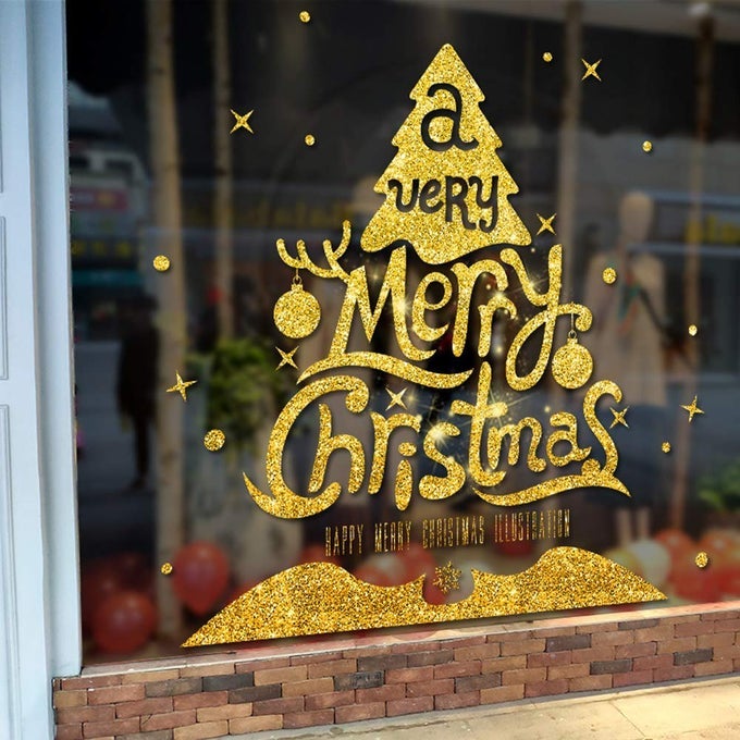 MERRY CHRISTMAS WALL DECALS CHRISTMAS GOLDEN MERRY CHRISTMAS TREES STICKERS GIFTS WINDOW DECORATIONS MURALS VINYL BEDROOMS LIVING ROOM PLAYROOM 24 INCHES X 28 INCHES