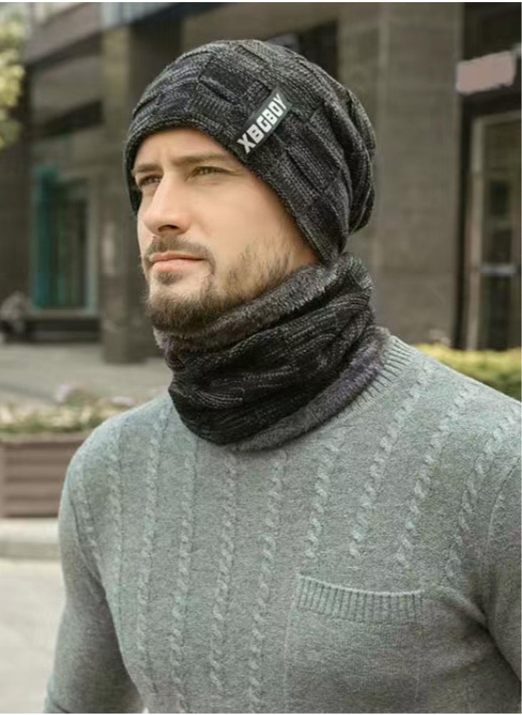 Joychic - 2pcs Mens Winter Beanie Hats Scarf Set Warm Knit Hats Skull Cap Neck Warmer with Thick Fleece Lined Winter Outdoor Sports Hat Sets Black - Image 1
