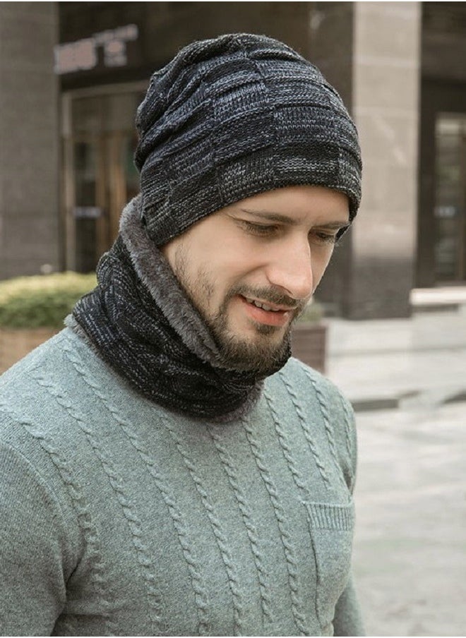 Joychic - 2pcs Mens Winter Beanie Hats Scarf Set Warm Knit Hats Skull Cap Neck Warmer with Thick Fleece Lined Winter Outdoor Sports Hat Sets Black - Image 1