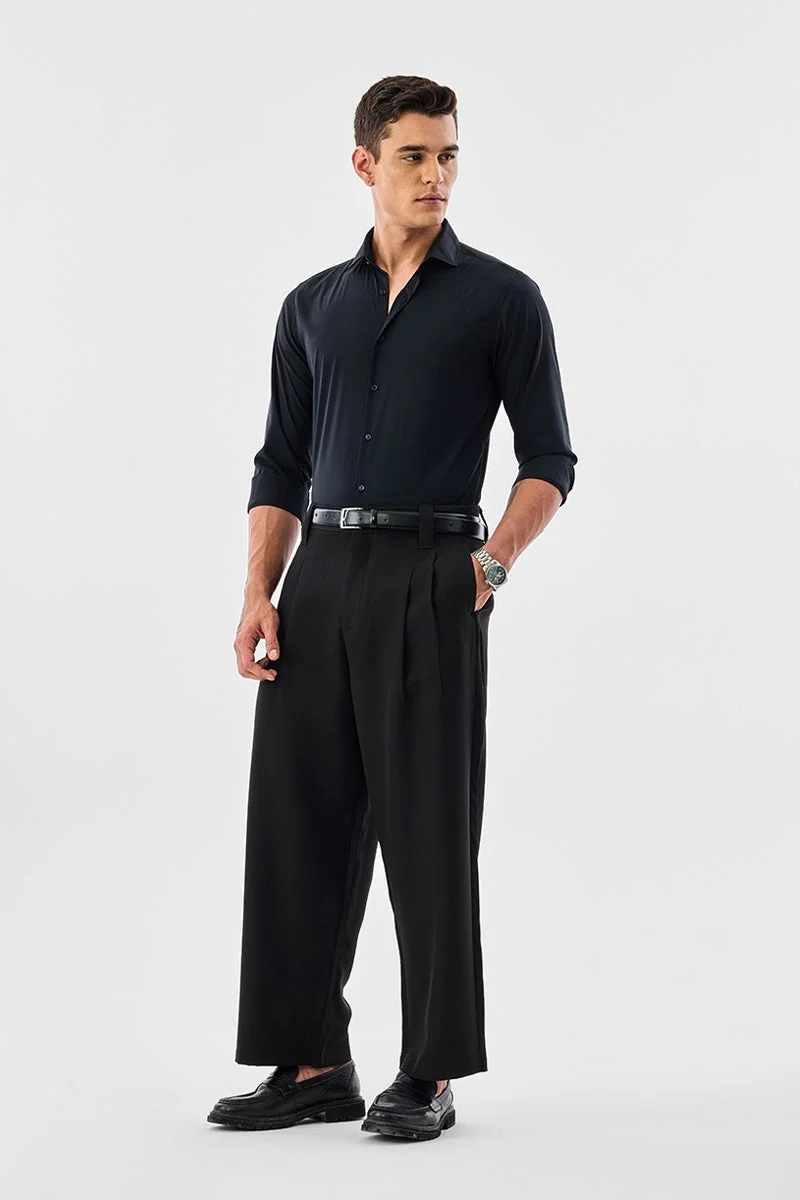 SNITCH Black Solid Long Sleeve Slim Fit Formal Luxe Shirt