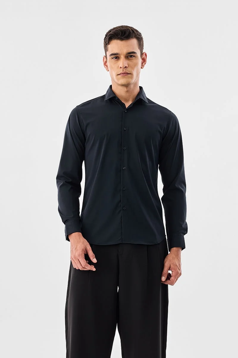 SNITCH Black Solid Long Sleeve Slim Fit Formal Luxe Shirt