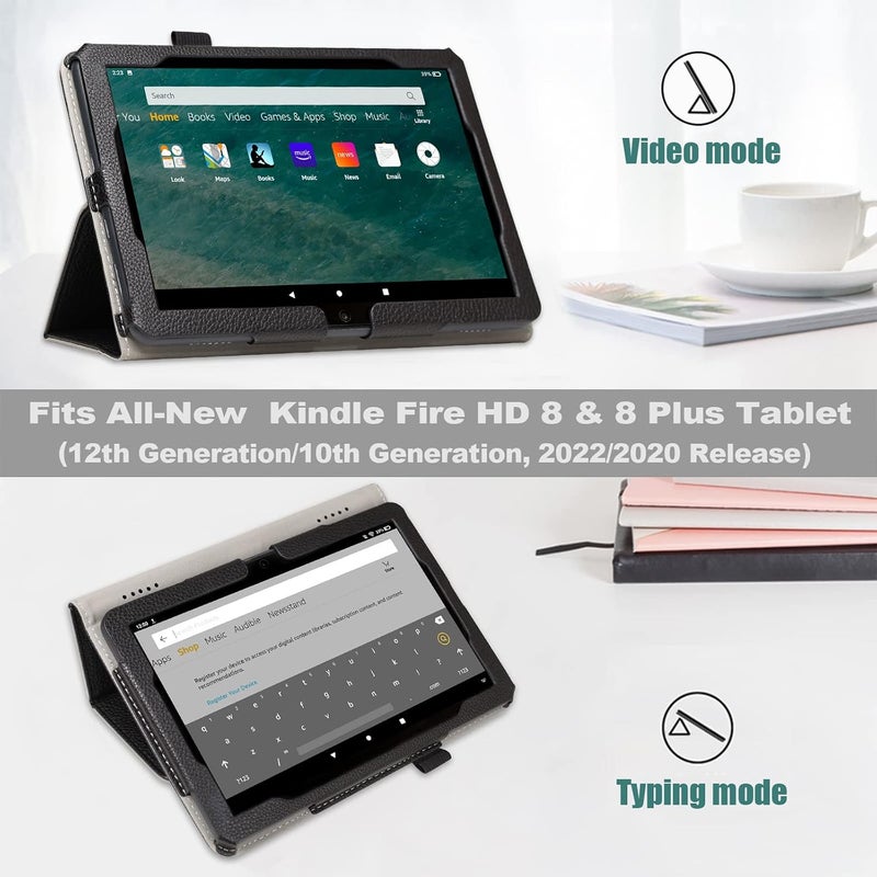 ايسدريم غلاف للوحة Fire HD 8 & 8 Plus الجديدة تمامًا (الجيل الثاني عشر/الجيل العاشر، إص��ار 2022/2020)، غلاف فوليو من الجلد، حامل قابل للطي، تشغيل/إيقاف تلقائي، حزام يد، فتحات بطاقات، أسود - Image 3