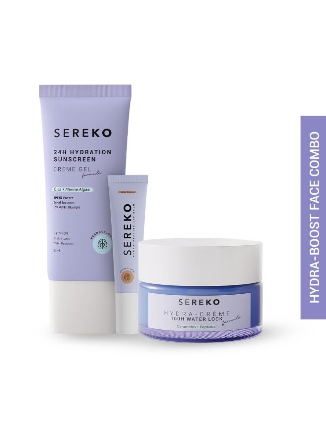 Sereko Hydra-Boost Face Combo, Hydra IOOH Moisturiser 50ml + 24H Sunscreen 50rnl + Hydra Peptide LipBalm Salted Caramel - Non Tinted 8g | For Women & Men (pack of3) - Image 1