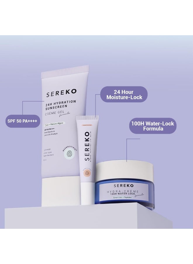 Sereko Hydra-Boost Face Combo, Hydra IOOH Moisturiser 50ml + 24H Sunscreen 50rnl + Hydra Peptide LipBalm Salted Caramel - Non Tinted 8g | For Women & Men (pack of3) - Image 3