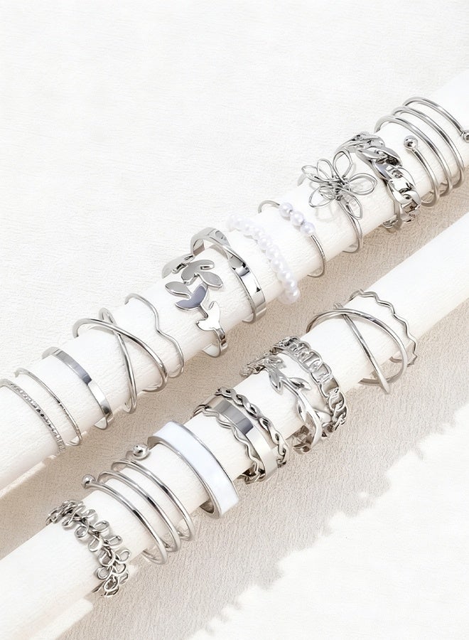 Happy D 22pcs Women's Daily Wear Bohemian Style Multi-Element Faux Pearl Geometry Vintage Ring Set - Image 2