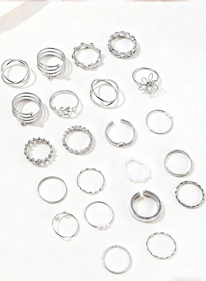 Happy D 22pcs Women's Daily Wear Bohemian Style Multi-Element Faux Pearl Geometry Vintage Ring Set - Image 5