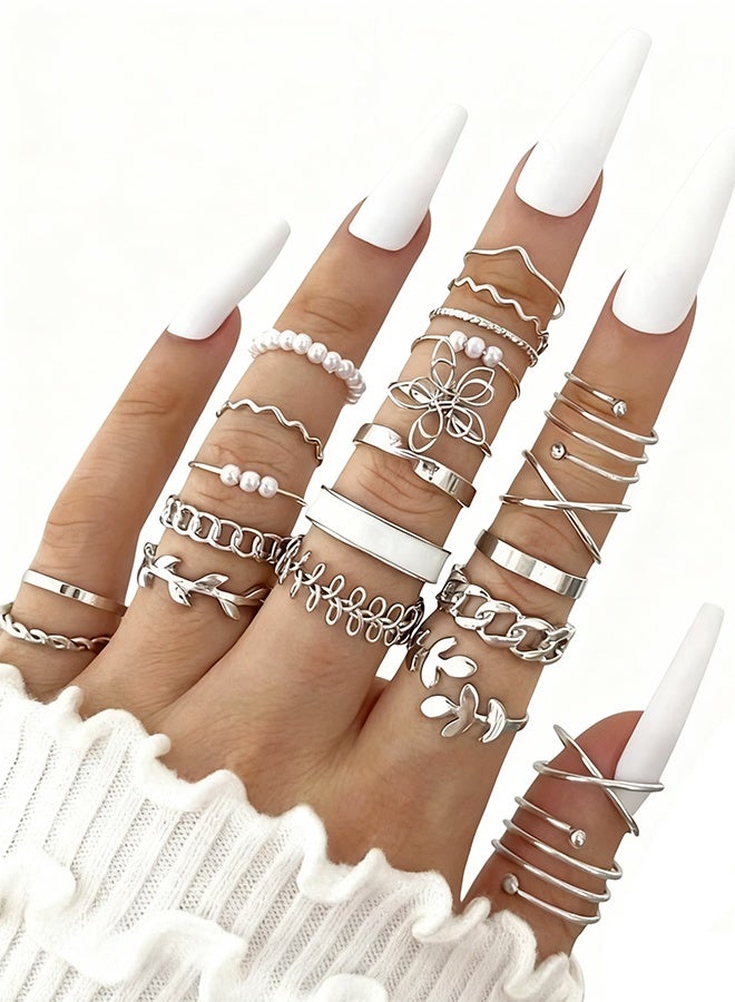 Happy D 22pcs Women's Daily Wear Bohemian Style Multi-Element Faux Pearl Geometry Vintage Ring Set - Image 1