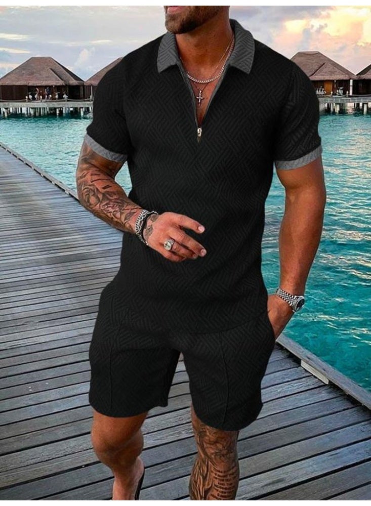 Men's Polo Suit Fashion Men Sets  Summer V-neck Zipper Short Sleeve POLO Shirt+Shorts Two Pieces Men Casual Suit - Image 1