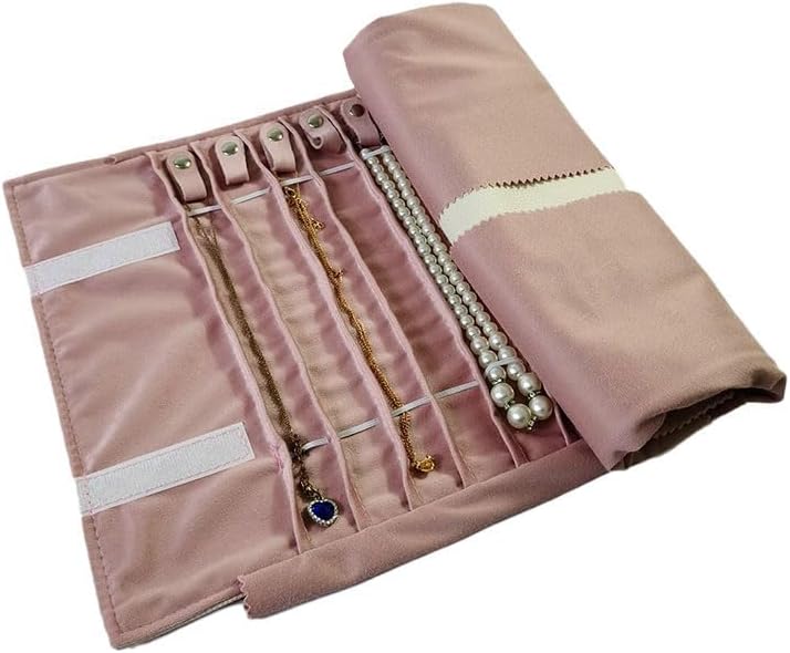 SCIKHEFT Portable Jewelry Roll Untangled Secure Necklace Travel Storage Bag Displays Holder 16 Chain (gray PU and pink) - Image 3