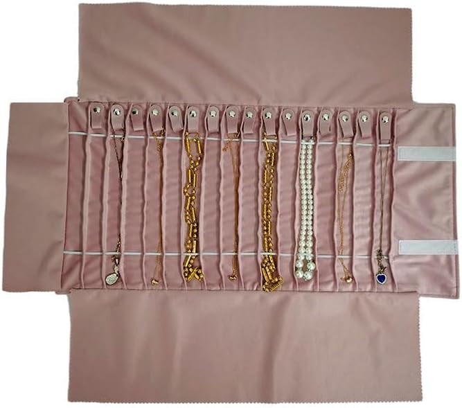 SCIKHEFT Portable Jewelry Roll Untangled Secure Necklace Travel Storage Bag Displays Holder 16 Chain (gray PU and pink) - Image 4