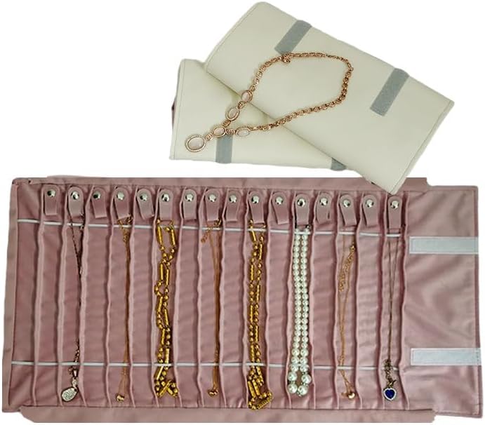 SCIKHEFT Portable Jewelry Roll Untangled Secure Necklace Travel Storage Bag Displays Holder 16 Chain (gray PU and pink) - Image 2