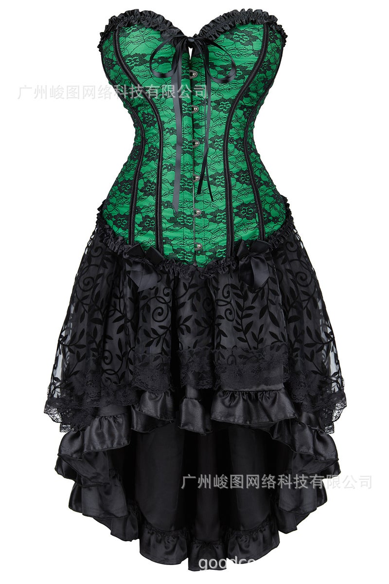 Classic Lotus Leaf Lace Jacquard Adjustable Court Body Shaping Split Set Flocking Luxury Long Dress - Image 1