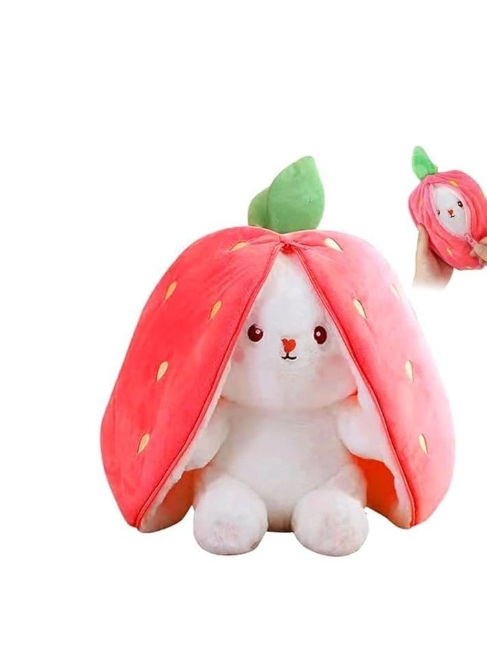 Cute Strawberry Rabbit Plush Toy, Dino White Rabbit Stuffed with Pink Fruit Cover, 2 in 1 Transforming Design - Image 1