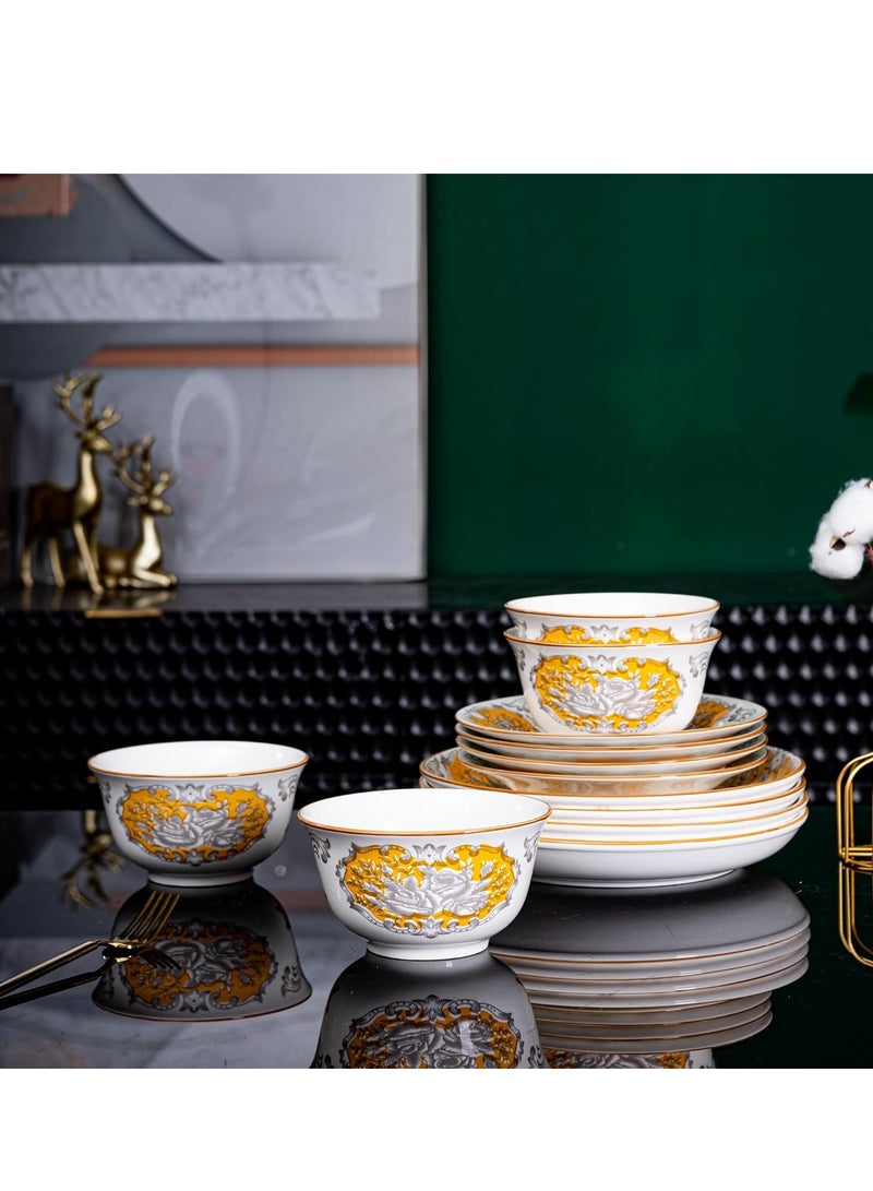 GOLD MANTIS 12-Piece Gold and White Floral Pattern Ceramic Dinnerware Set - Includes 4x 10.2-Inch Plates, 4x 8-Inch Plates, 4x 5.5-Inch Bowls | Microwave & Dishwasher Safe | Elegant Tableware for Stylish Dining - Image 3