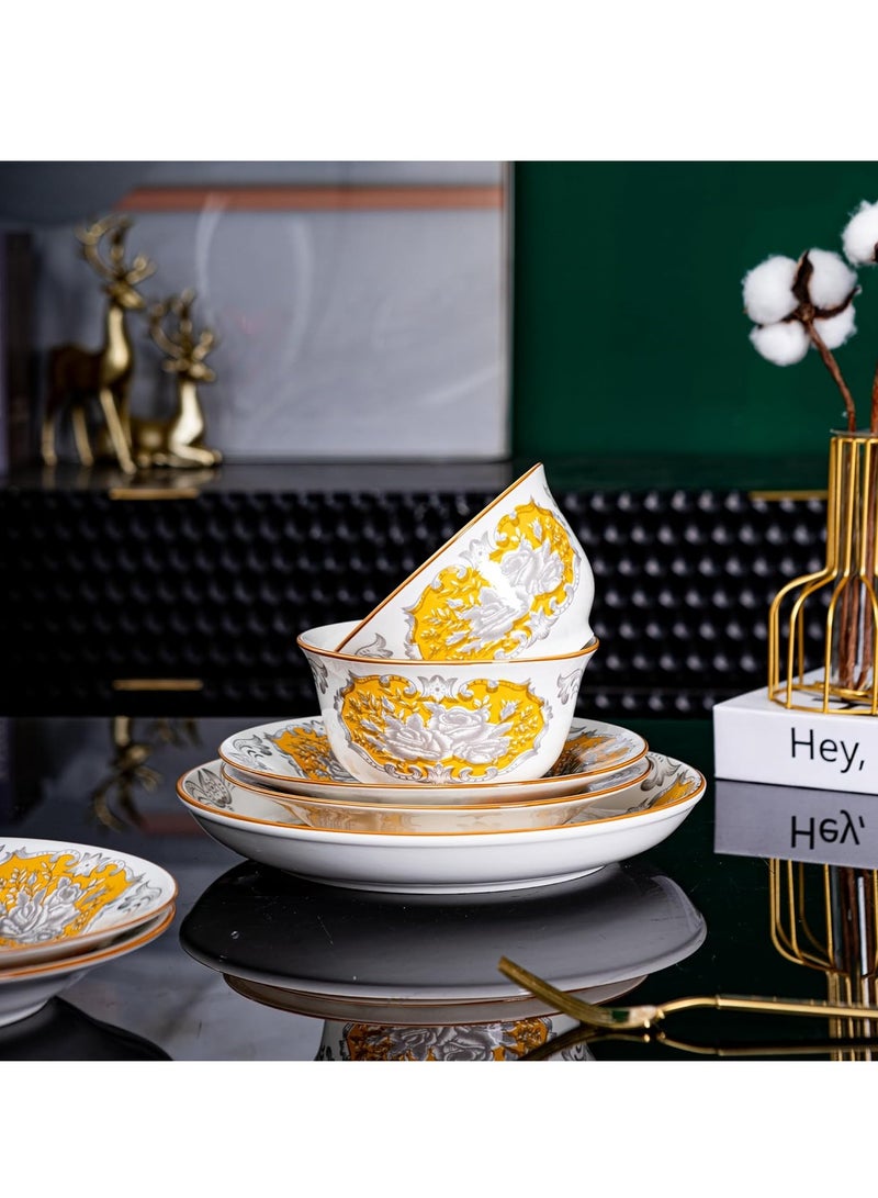 GOLD MANTIS 12-Piece Gold and White Floral Pattern Ceramic Dinnerware Set - Includes 4x 10.2-Inch Plates, 4x 8-Inch Plates, 4x 5.5-Inch Bowls | Microwave & Dishwasher Safe | Elegant Tableware for Stylish Dining - Image 5