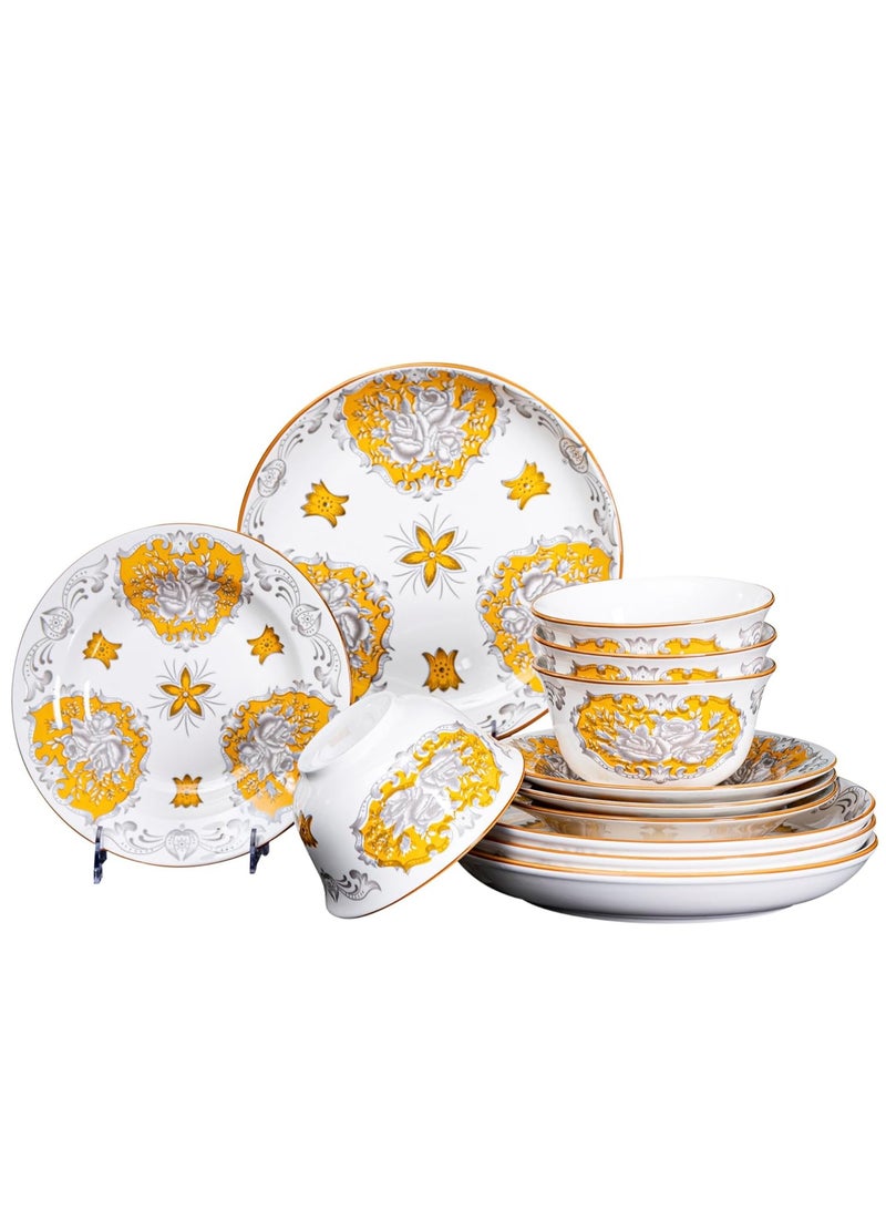 GOLD MANTIS 12-Piece Gold and White Floral Pattern Ceramic Dinnerware Set - Includes 4x 10.2-Inch Plates, 4x 8-Inch Plates, 4x 5.5-Inch Bowls | Microwave & Dishwasher Safe | Elegant Tableware for Stylish Dining - Image 1
