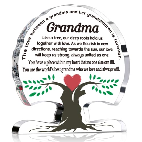 WELLBANEE Gifts for Grandma Birthday Unique from Grandchildren Mothers Day for New Grandmas Nana Gigi Mimi from Granddaughter Grandson Grandma Acrylic Tree Desk Signs Plaque 