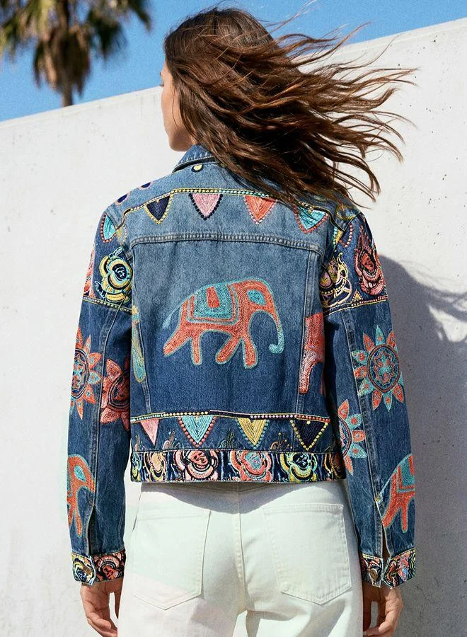 Desigual Blue Printed Jacket 100% Cotton for Women | Best Price UAE