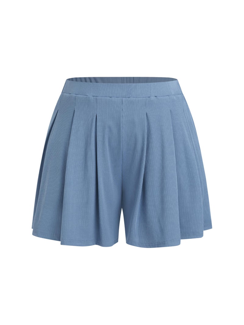 CIDER- Elastic Waist, Wide Leg Shorts for Women, Curve & Plus Size: Blue, 1XL - Image 1