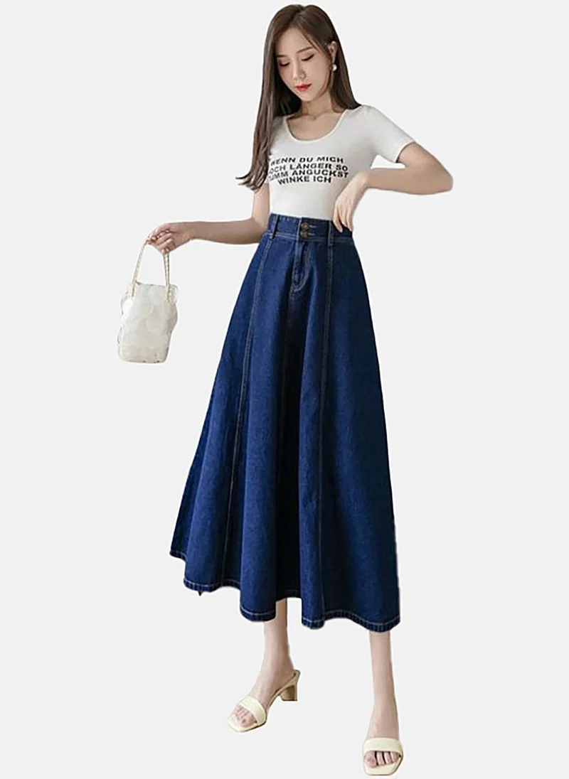 YUNIQEE Blue A-Line Solid Midi Skirt