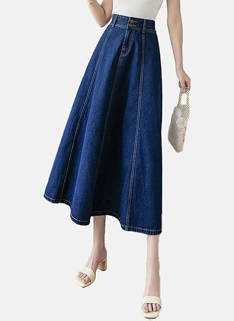 YUNIQEE Blue A-Line Solid Midi Skirt