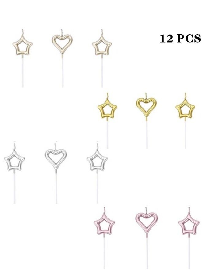 12 Piece Heart And Star Shaped Birthday Cake Candle Set With Four Different Colors And Two Styles Candle Decorations For Birthdays Wedding Anniversaries  - Image 1
