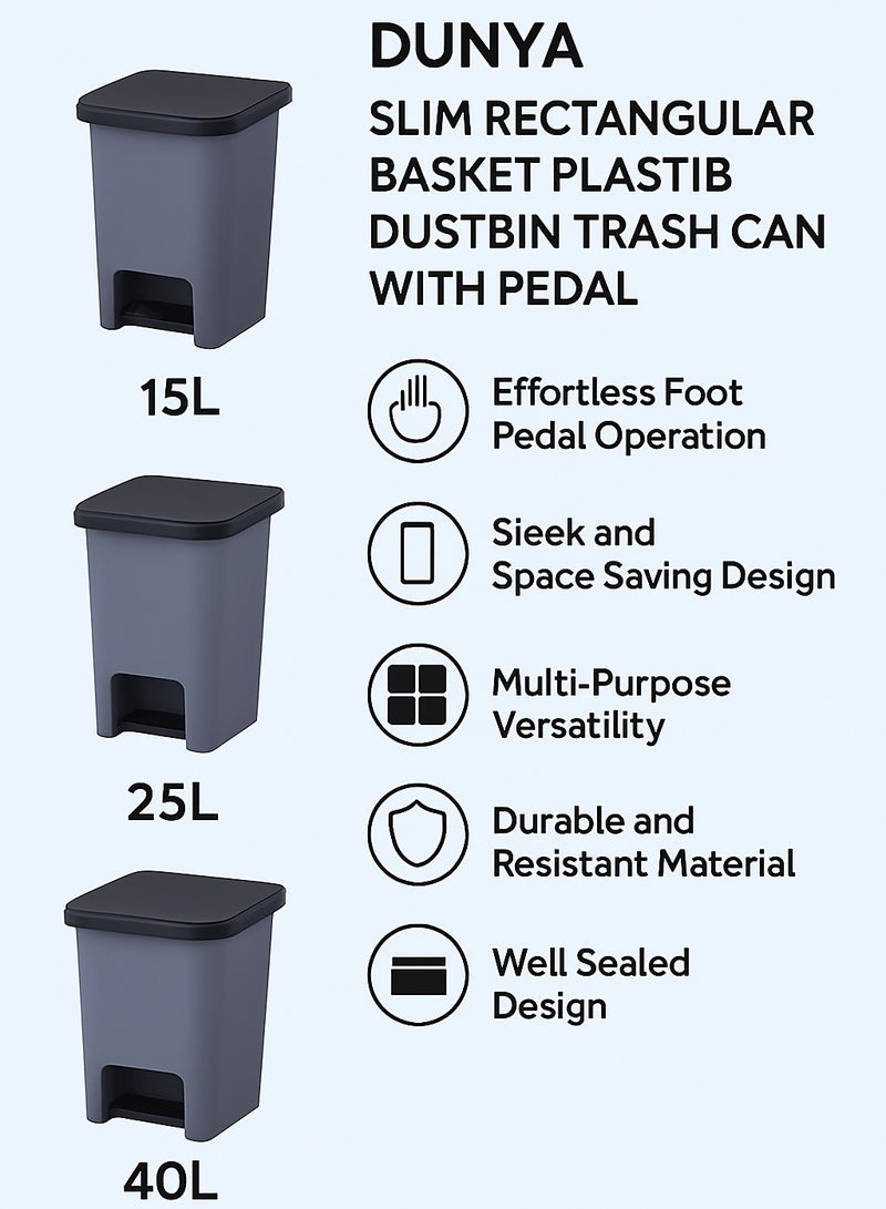 Dunya Slim Rectangular Basket, Plastic Dustbin Trash Can With Pedal For Office, Home, Bathroom, Restaurant, Kitchen, Bedroom 15 liters -Gray - Image 3