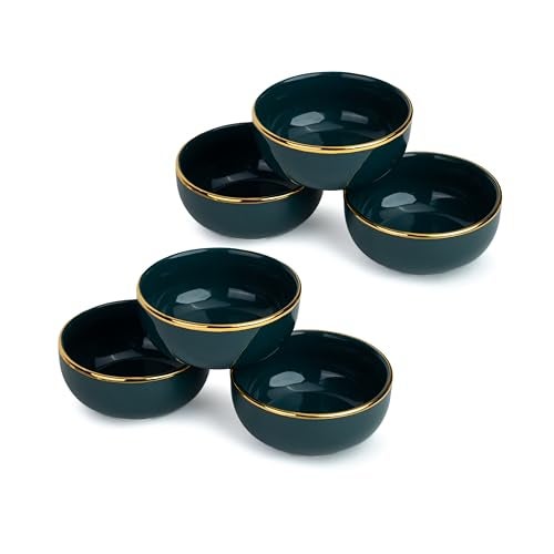 Shay Ceramic Veg Bowls Set of 6 for Dinner, 180ml, 6 Pieces - Teal Gold | Katori | Glossy Finish | Ceramic Bowls Set of 6 | Dessert Bowl Set | Ice Cream Bowls (Veg Bowl - Teal Gold) - Image 1
