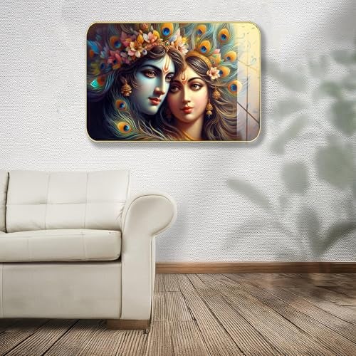 Masstone Radha Krishna Crystal Embedded High Gloss Wall Painting, Golden Slim Frame, 45x30 Cm Wall Art for Living Room, Bedroom, Office & Home Décor (CRG35) - Image 2