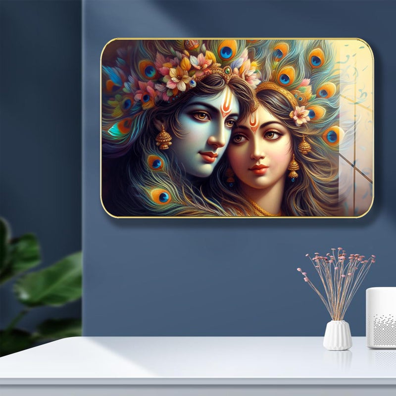 Masstone Radha Krishna Crystal Embedded High Gloss Wall Painting, Golden Slim Frame, 45x30 Cm Wall Art for Living Room, Bedroom, Office & Home Décor (CRG35) - Image 4