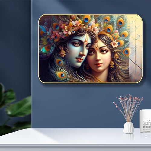 Masstone Radha Krishna Crystal Embedded High Gloss Wall Painting, Golden Slim Frame, 45x30 Cm Wall Art for Living Room, Bedroom, Office & Home Décor (CRG35) - Image 1