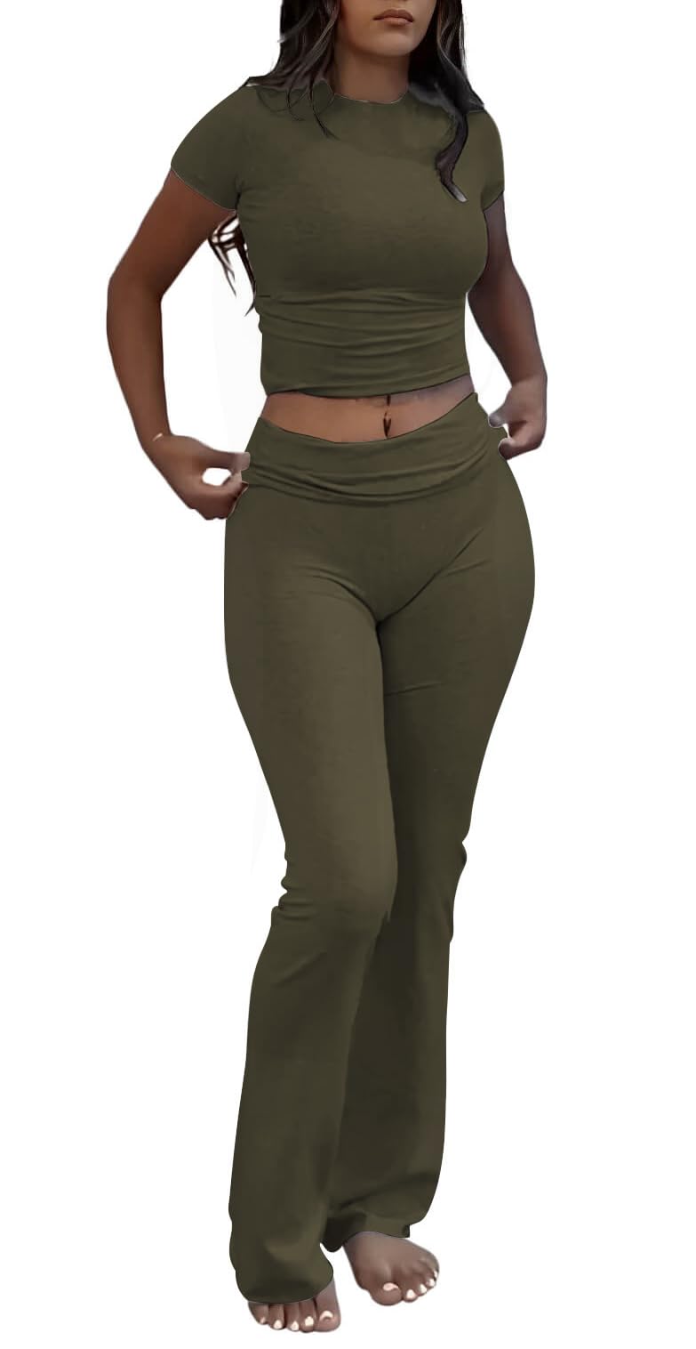 ZFLM Casual Workout Two Piece Outfits for Women Short Sleeve Crop High Waist Foldover Flare Pants Tracksuit Sets Streetwear - Image 1
