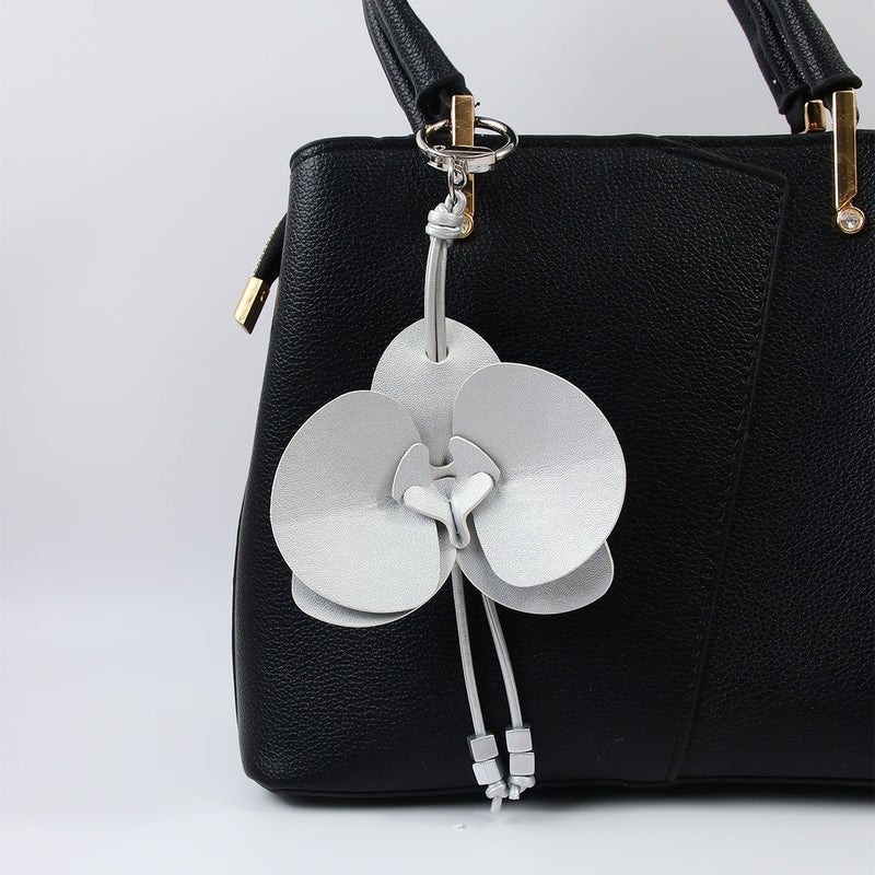 2026 New Handmade Silver Phalaenopsis Orchid Elegant Women's Bag Charm PU Car Keychain Pendant - Image 3