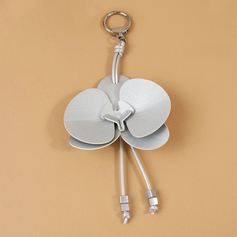 2026 New Handmade Silver Phalaenopsis Orchid Elegant Women's Bag Charm PU Car Keychain Pendant - Image 1