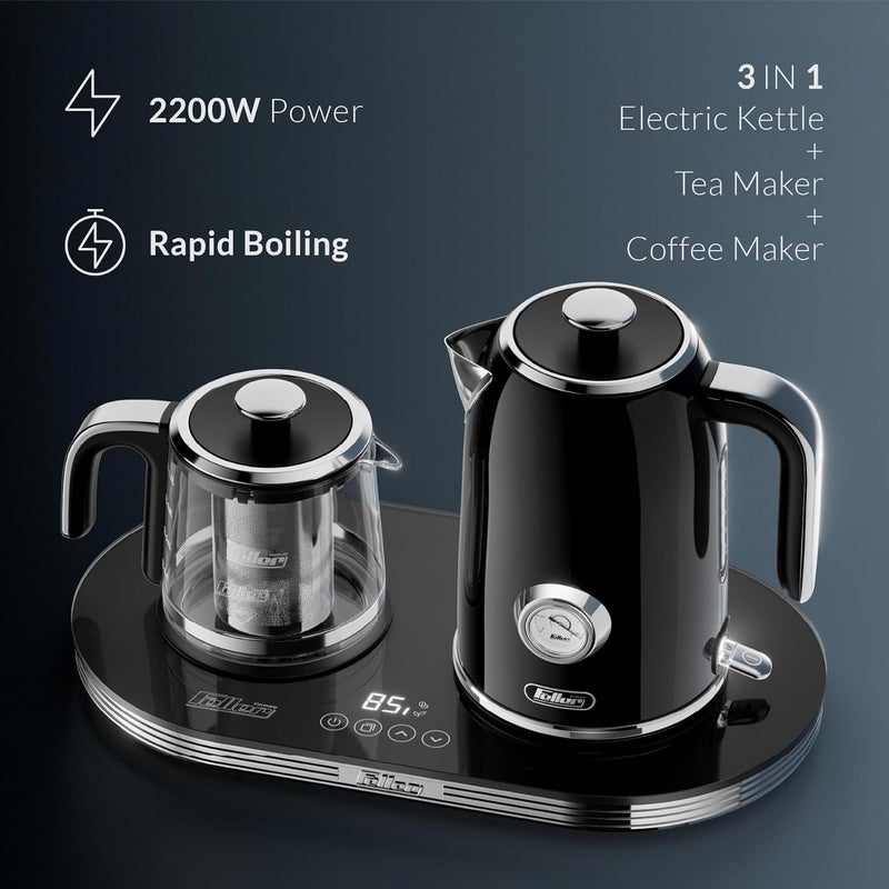 Feller Germany 2200 W 2-in-1 Retro Teamaker/Coffee Maker +1.7L Stainless Steel Electric Kettle with Strix, Adjustable Touch Teapot Temp+LED Display, TS490, 2Y Guarantee-KSA Version (Black) - Image 2