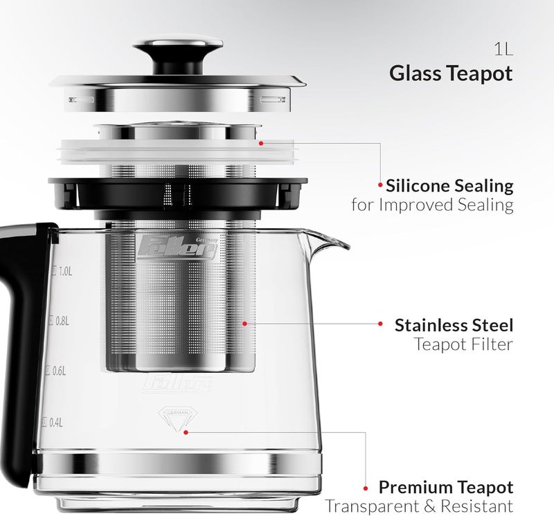 Feller Germany 2200 W 2-in-1 Retro Teamaker/Coffee Maker +1.7L Stainless Steel Electric Kettle with Strix, Adjustable Touch Teapot Temp+LED Display, TS490, 2Y Guarantee-KSA Version (Black) - Image 5