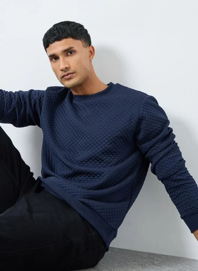 Styli Navy Blue Quilted Look Textured Sweatshirt