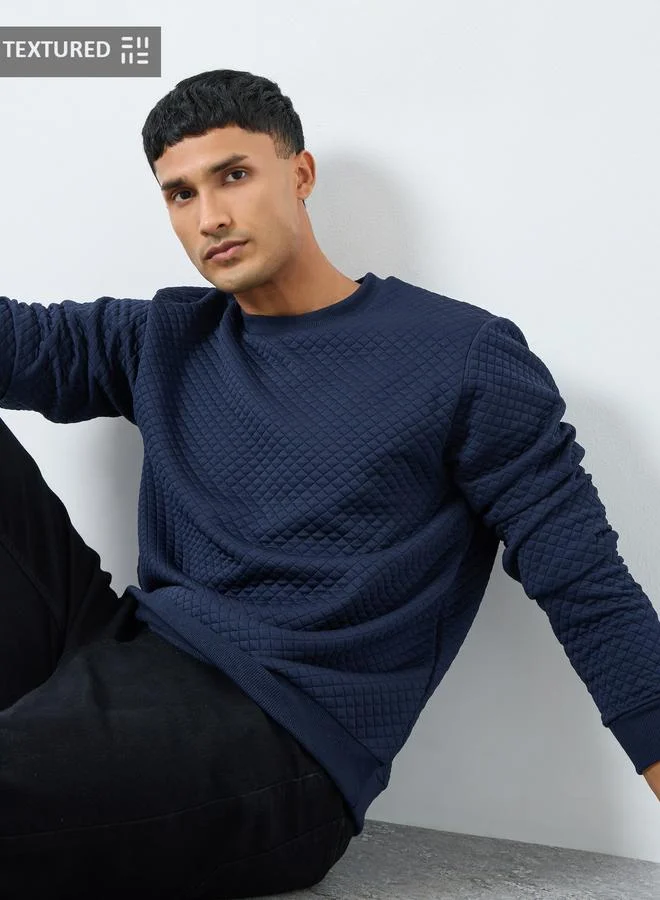Styli Styli Navy Blue Quilted Look Textured Sweatshirt