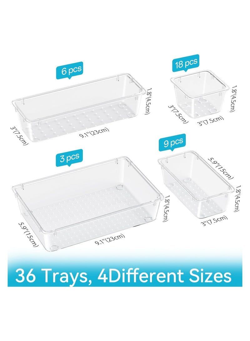 مجموعة منظم أدراج مكونة من 36 قطعة، 4 وحدات أدراج تخزين، منظم مكياج بلاستيكي شفاف وصناديق تخزين للمكياج والقرطاسية والأدوات المتعددة للحمام والمكتب وغرفة النوم - Image 2